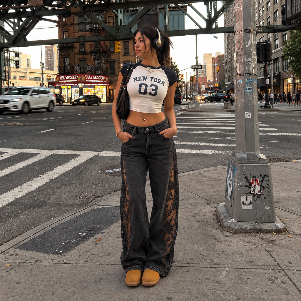 Goddess Lace Jeans in Washed Black – Street-Style-Look